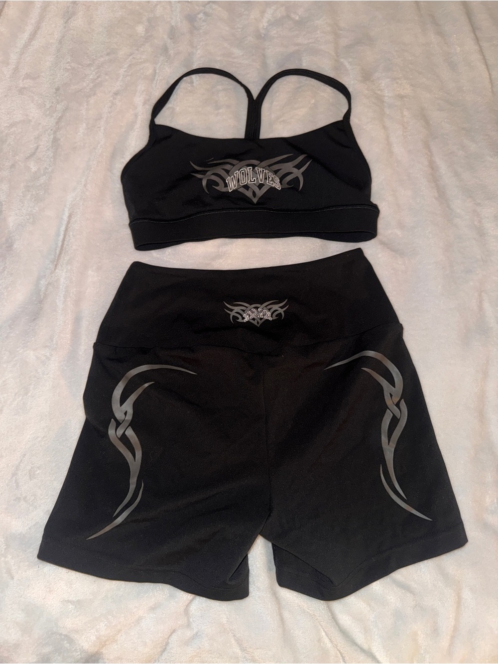 Darc Sport Wolves Black Tribal Sports Bra and High-Waist Shorts Set